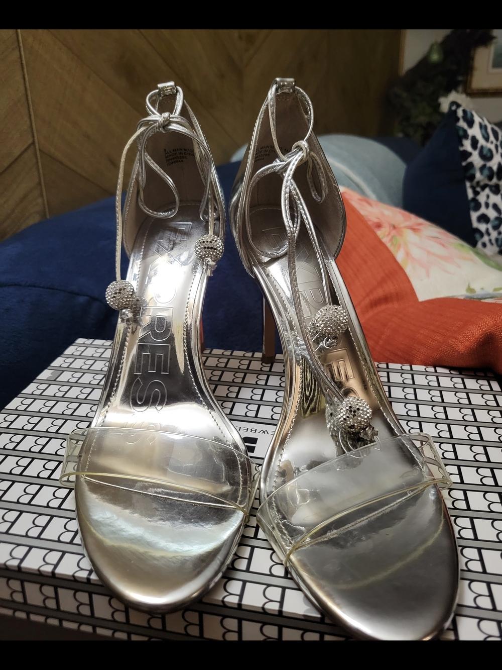 Express Silver Strappy Lace Up Heels